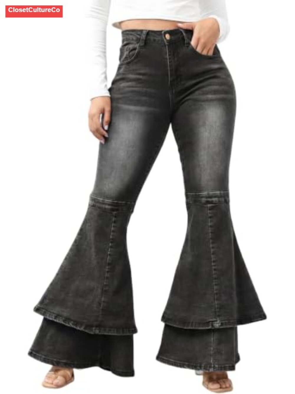 Women Bell Bottom Jeans Stretch Ruffle Layered Flared Bootcut High Rise